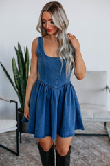 Sail Blue Square Neck Bowknot A-line Sleeveless Denim Dress JT's Designer Fashion