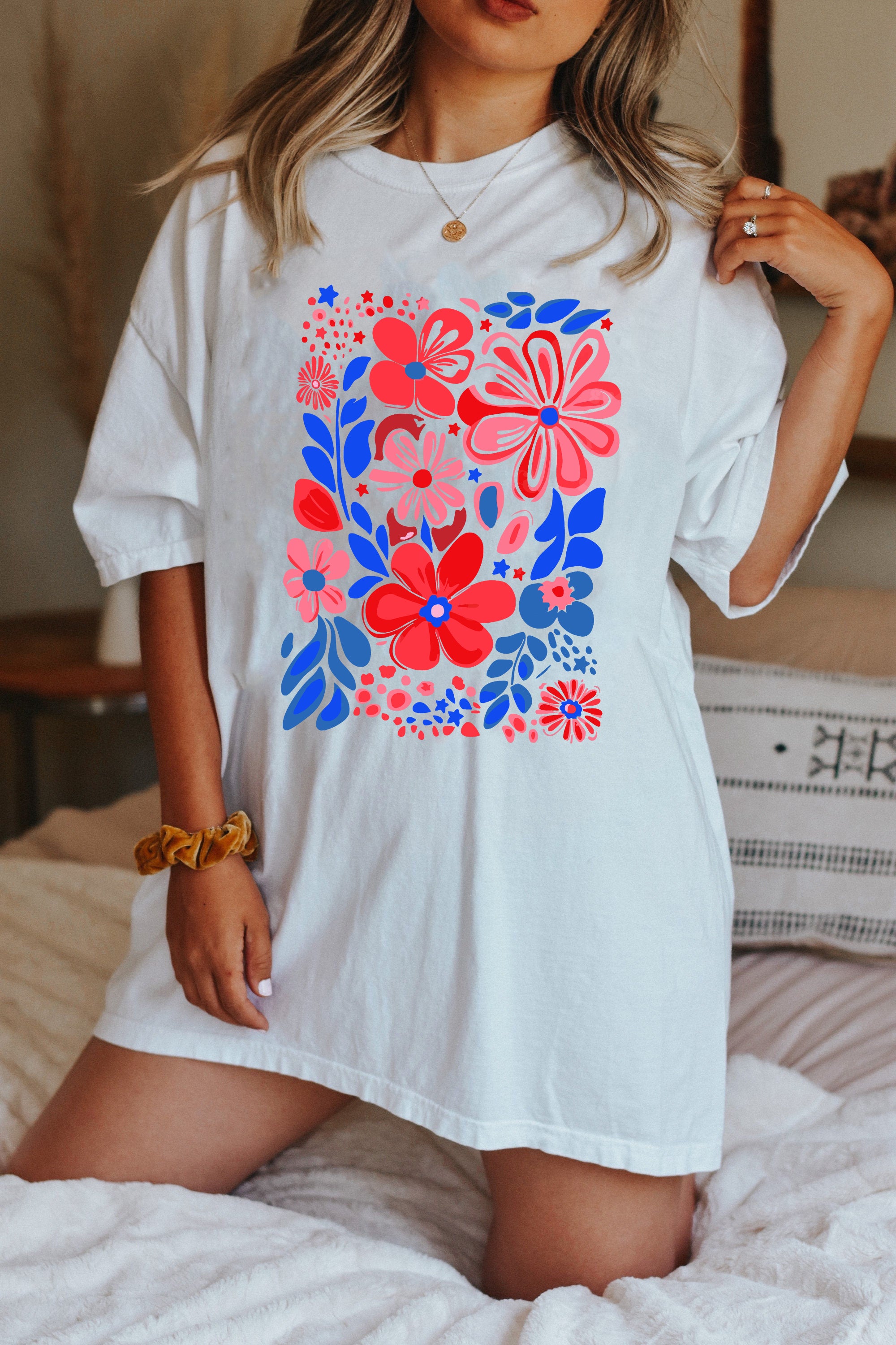 White Floral Print Half Sleeve Round Neck Oversized Tee Graphic Tees JT's Designer Fashion