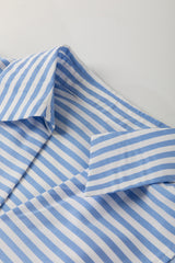 Sky Blue Stripe Shirt Collar V Neck Ricrac Trim 3/4 Puff Sleeve Blouse Blouses & Shirts JT's Designer Fashion