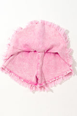 Pink Washed Wide Smocked Waistband Frayed Denim Shorts Denim Shorts JT's Designer Fashion