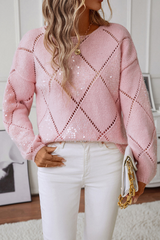 Light Pink Hollowed Rhombus Pattern Sequin Detail Round Neck Sweater Sweaters JT's Designer Fashion