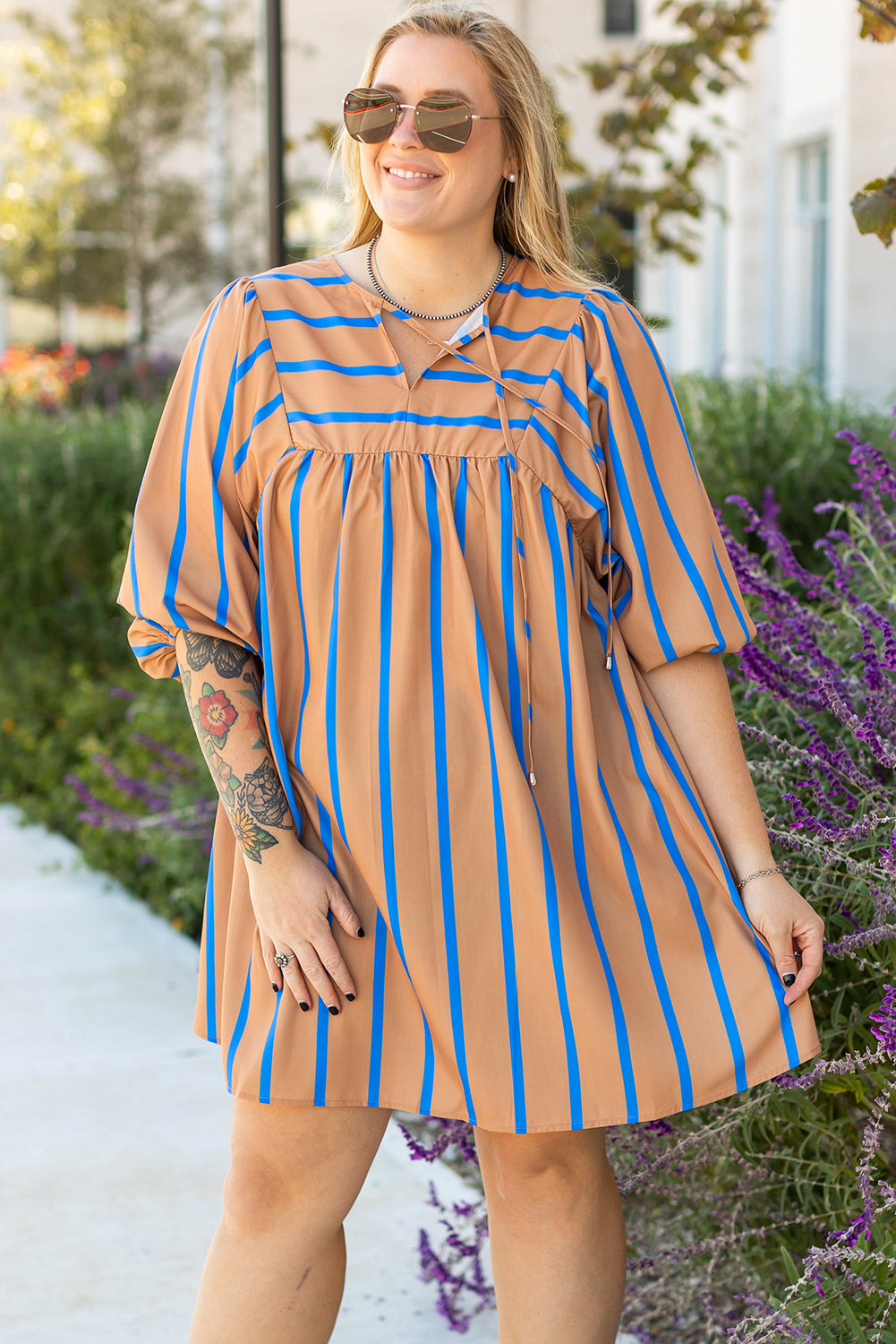 Khaki Stripe Contrast Striped Print 3/4 Sleeve Babydoll Plus Size Dress Plus Size Mini Dresses JT's Designer Fashion