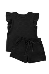 Black Textured Ruffled Sleeve Tee and Drawstring Elastic Waistband Shorts Set Short Sets JT's Designer Fashion