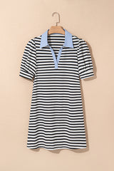 Black Stripe Contrast V Neck Collared Puff Sleeve T Shirt Mini Dress with Pockets T Shirt Dresses JT's Designer Fashion