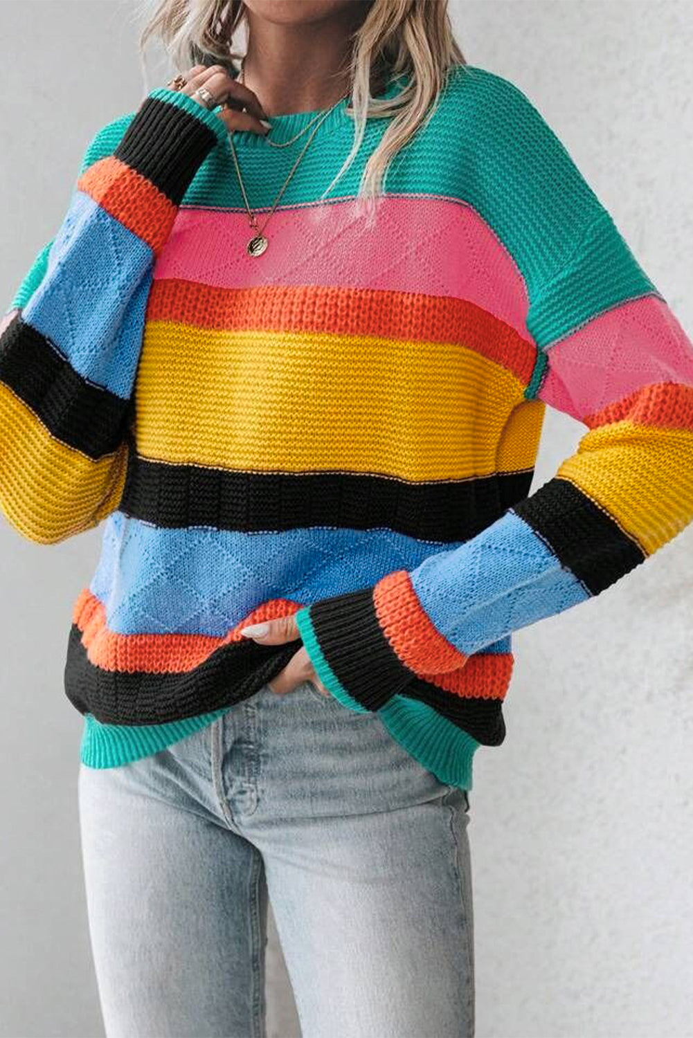 Yellow Colorblock Mixed Textured Drop Shoulder Sweater Sweaters JT's Designer Fashion