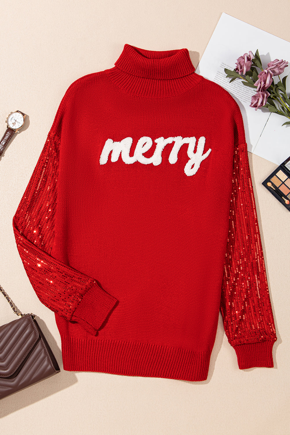 Racing Red Merry Graphic Sequin Sleeves Christmas Turtleneck Sweater Sweaters JT's Designer Fashion