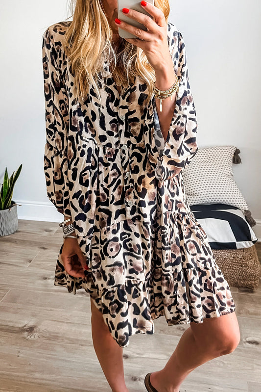 Black Leopard Print Buttoned Front 3/4 Sleeve Tiered Ruffled Hem Dress Mini Dresses JT's Designer Fashion