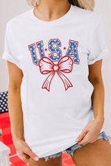 White USA Bow Letter Graphic Short Sleeve Top Graphic Tees JT's Designer Fashion