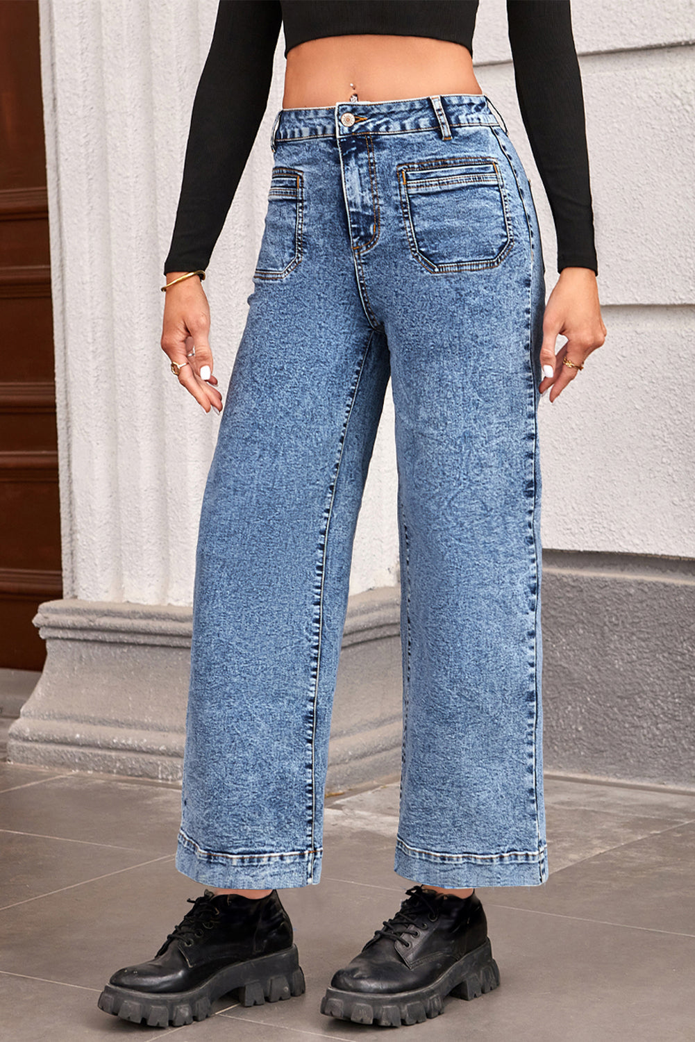 Blue Chic Patch Pocket Straight Leg Loose Jeans Blue 68%Cotton+30%Viscose+2%Elastane Jeans JT's Designer Fashion