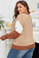 Light French Beige Contrast Stitch Detail Color Block Knitted Plus Size Sweater Plus Size Sweaters & Cardigans JT's Designer Fashion