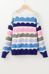 Dark Blue Wave Striped Balloon Sleeve Drop Shoulder Sweater Sweaters JT's Designer Fashion