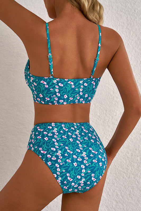 Blue Floral Print Smocked Cute Bikini Set Bikinis JT's Designer Fashion