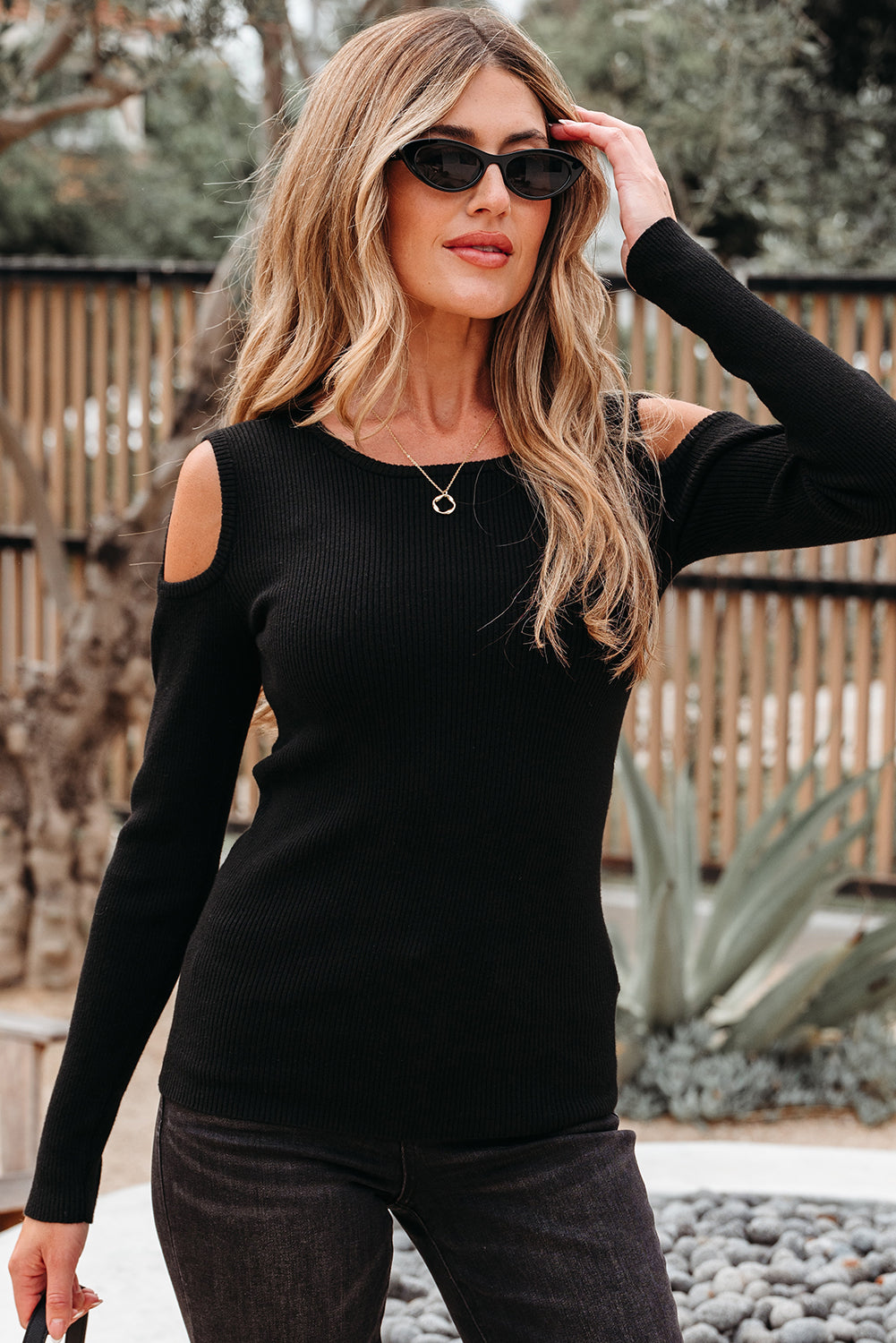 Black Ribbed Knit Cold Shoulder Sweater Sweaters JT's Designer Fashion