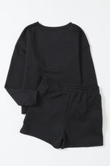 Black Textured Long Sleeve Top and Drawstring Shorts Set Short Sets JT's Designer Fashion