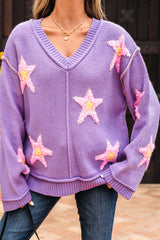 Lavendula Brushed Star Graphic V Neck Drop Shoulder Oversize Sweater Sweaters JT's Designer Fashion
