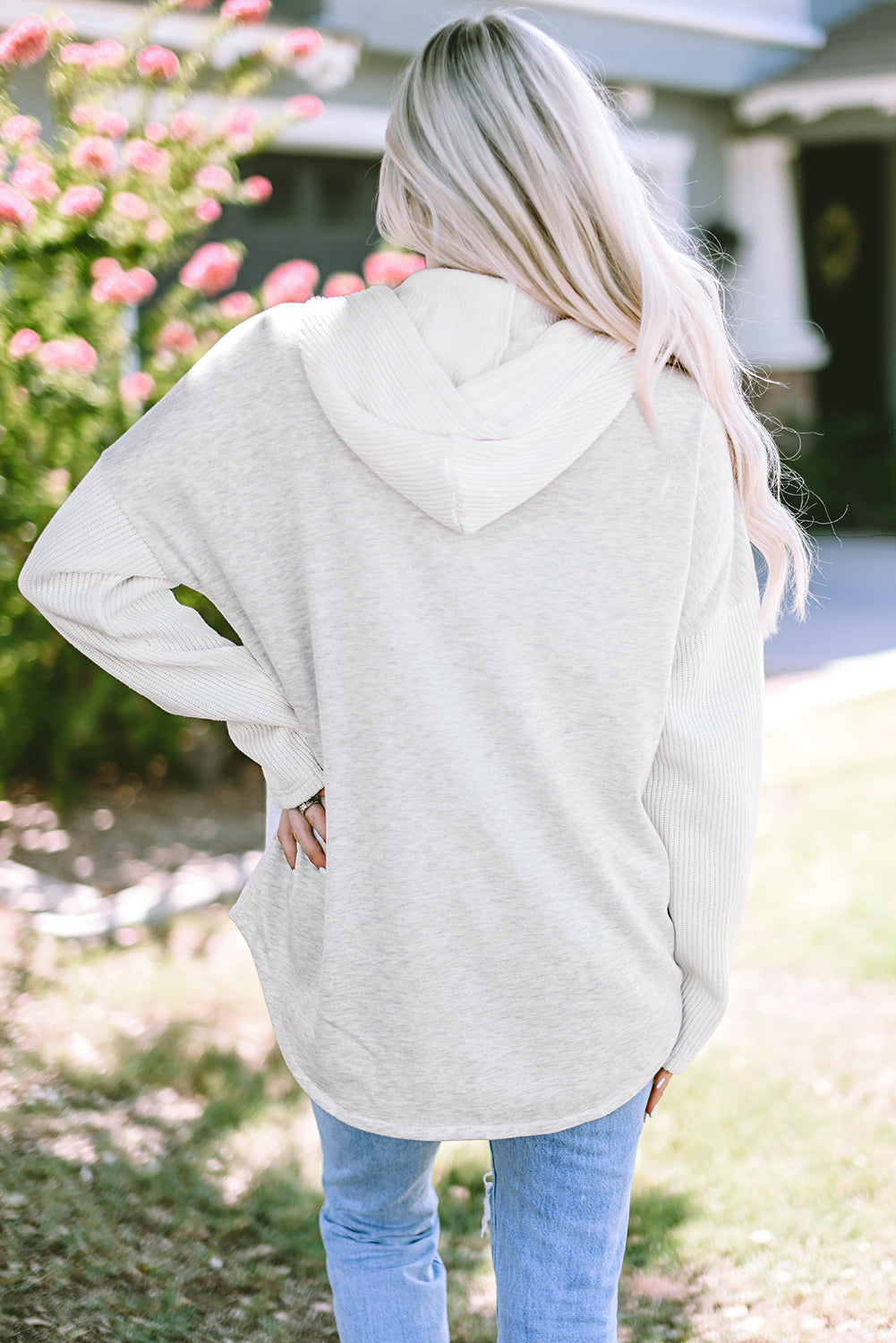 Gray Button Up Contrast Knitted Sleeves Hooded Jacket Jackets JT's Designer Fashion