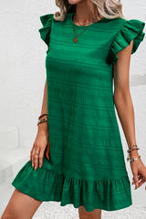 Dark Green Textured Flutter Sleeve Ruffled Mini Dress Dresses JT's Designer Fashion