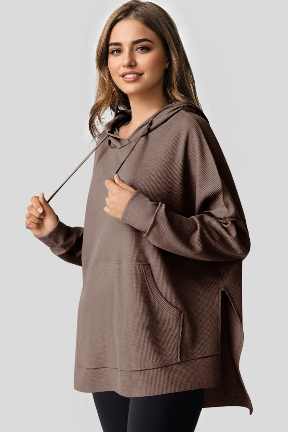 Coffee Waffle Knit Fleece Lined High Low Oversized Hoodie Sweatshirts & Hoodies JT's Designer Fashion