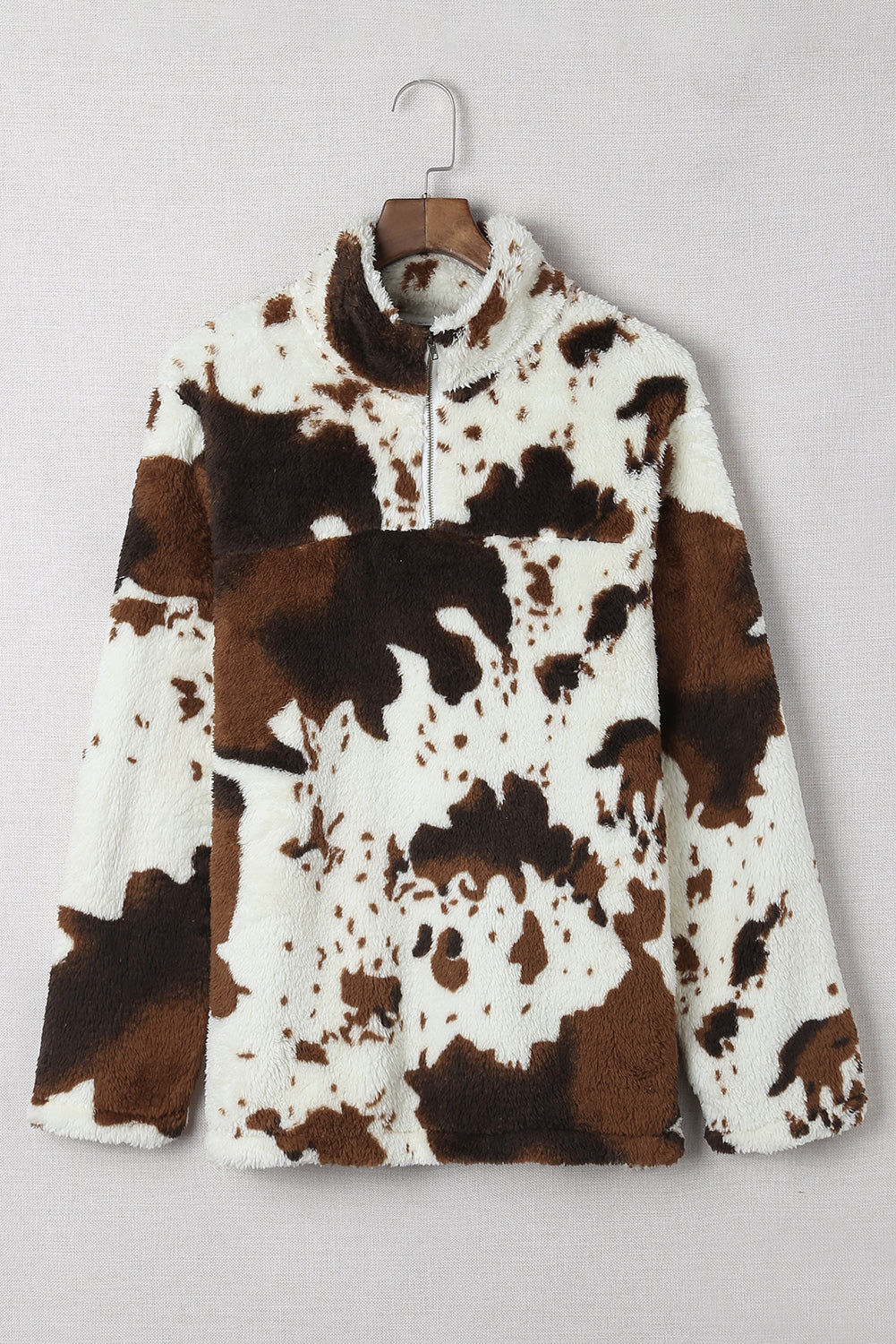 Zip Collar Cow Print Fleece Sweatshirt Sweatshirts & Hoodies JT's Designer Fashion
