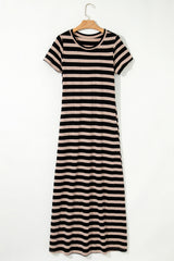 Black Stripe Casual Round Neck T-shirt Maxi Dress with Pockets T Shirt Dresses JT's Designer Fashion