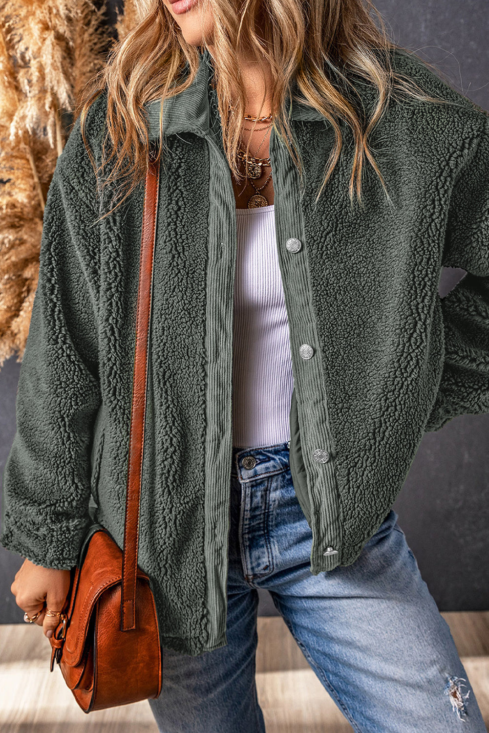 Gray Corduroy Trim Elbow Patch Sherpa Jacket Gray 100%Polyester Jackets JT's Designer Fashion