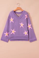 Lavendula Brushed Star Graphic V Neck Drop Shoulder Oversize Sweater Sweaters JT's Designer Fashion