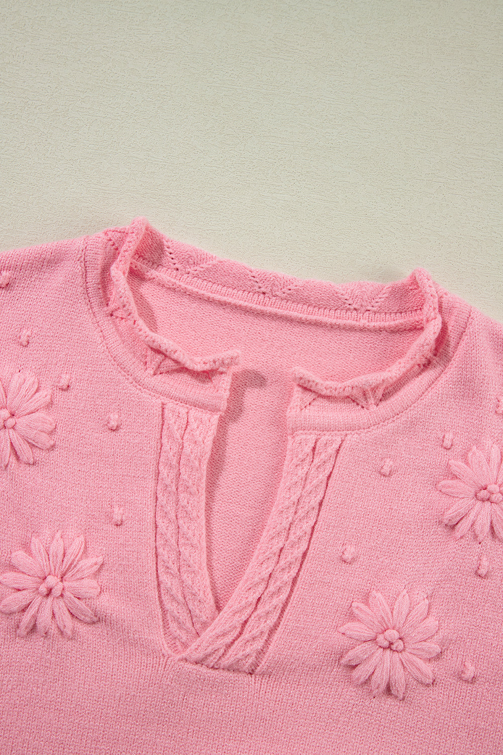 Peach Blossom Flower Detail Knitted Notched Neck Sweater Sweaters JT's Designer Fashion