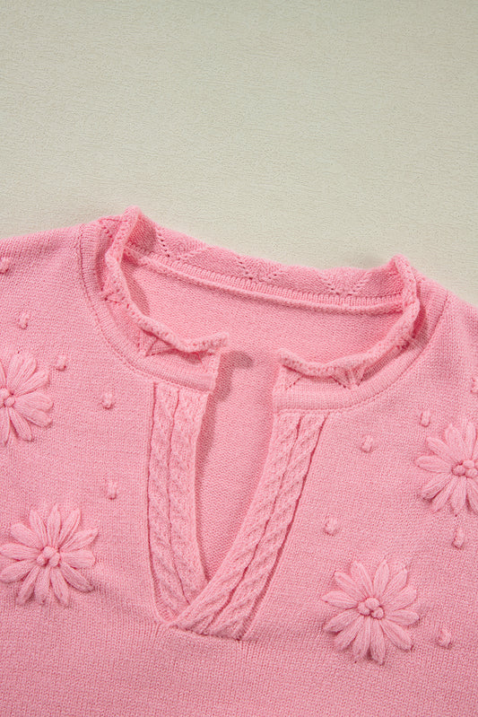 Peach Blossom Flower Detail Knitted Notched Neck Sweater Sweaters JT's Designer Fashion