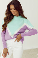 Green Chevron Colorblock Ribbed Knit Drop Shoulder Sweater Green 42%Acrylic+30%Polyester+28%Polyamide Sweaters JT's Designer Fashion