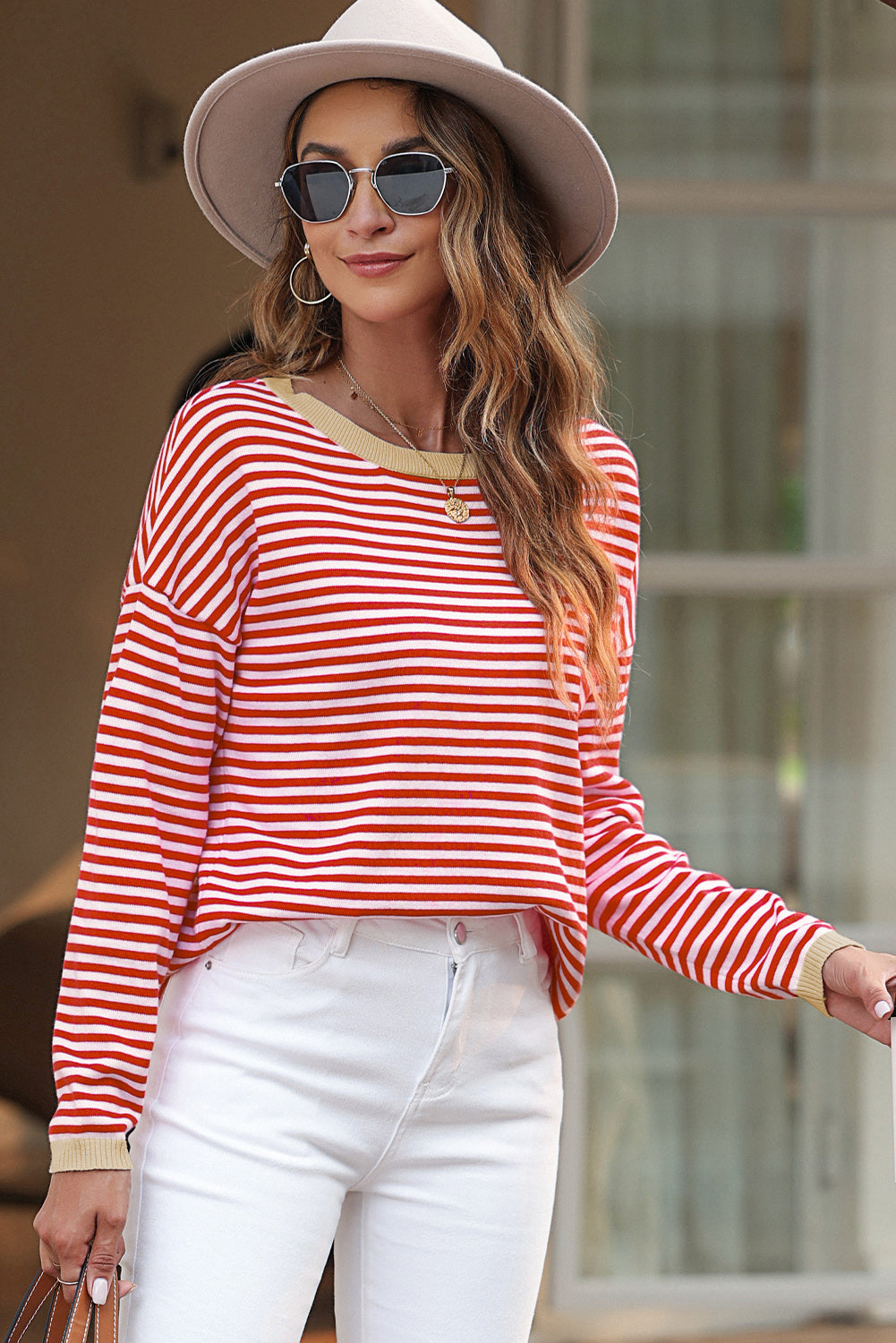 Fiery Red Contrast Trimmed Striped Drop Shoulder Sweater Sweaters JT's Designer Fashion