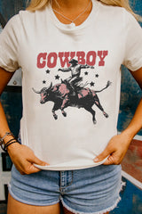 White COWBOY Star Graphic Crewneck Western Fashion Tee Graphic Tees JT's Designer Fashion