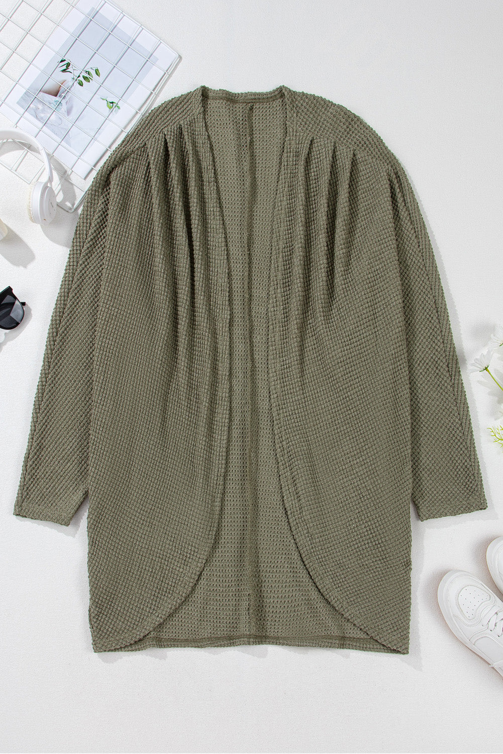 Seagrass Waffle Knit Drop Shoulder Open Front Pocketed Plus Size Cardigan Plus Size Sweaters & Cardigans JT's Designer Fashion