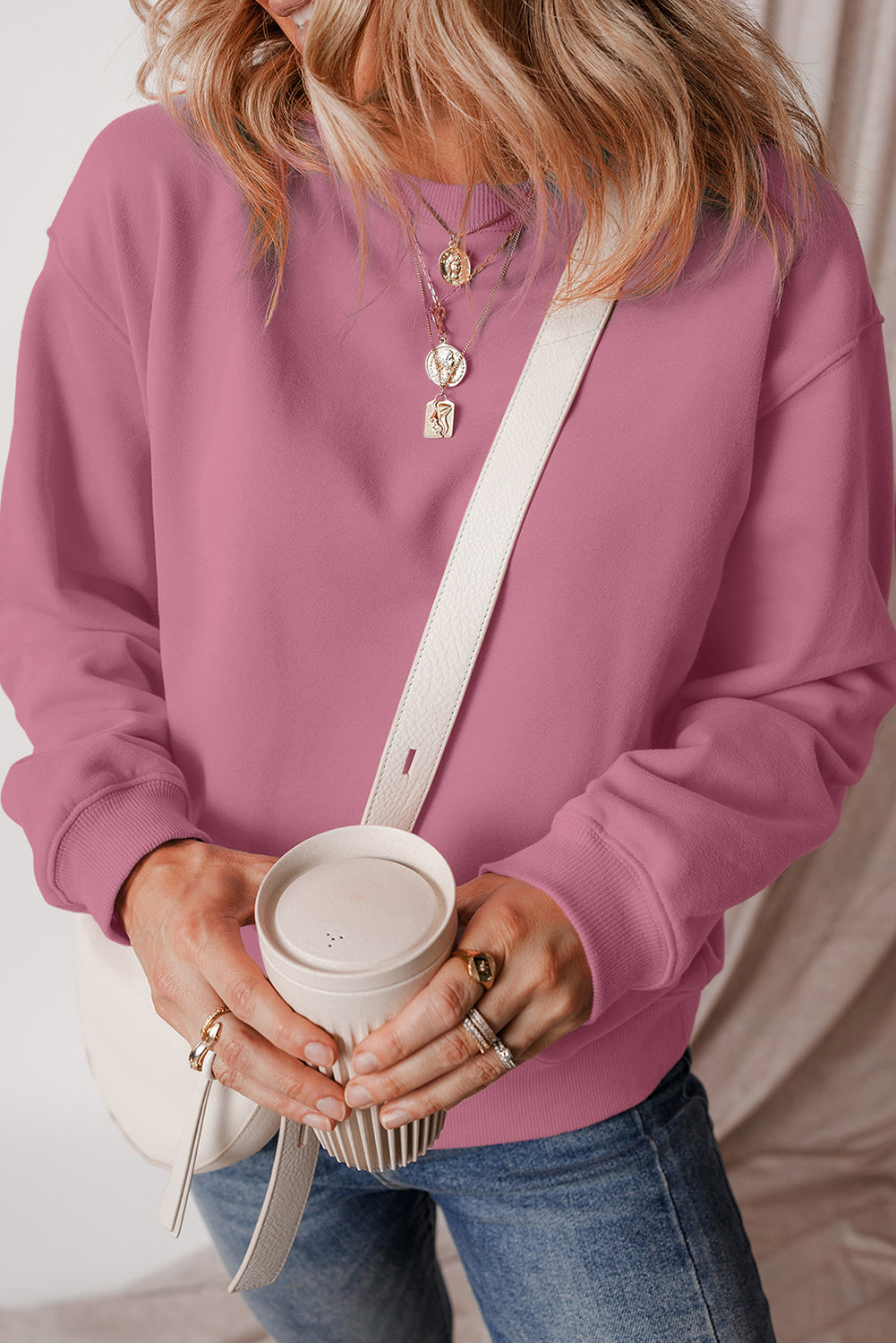 Meadow Mauve Solid Fleece Lined Drop Shoulder Terry Sweatshirt Sweatshirts & Hoodies JT's Designer Fashion