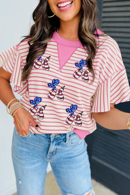 Sachet Pink Striped Sequin USA Flag Inspire Balloon Dog Patched Ruffled Short Sleeve Top Graphic Tees JT's Designer Fashion