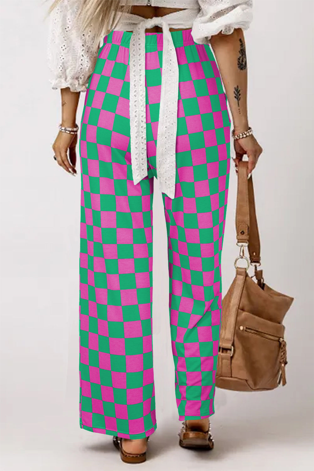 Green 2-Tone Checked Print High Waist Wide Leg Pants Pants & Culotte JT's Designer Fashion