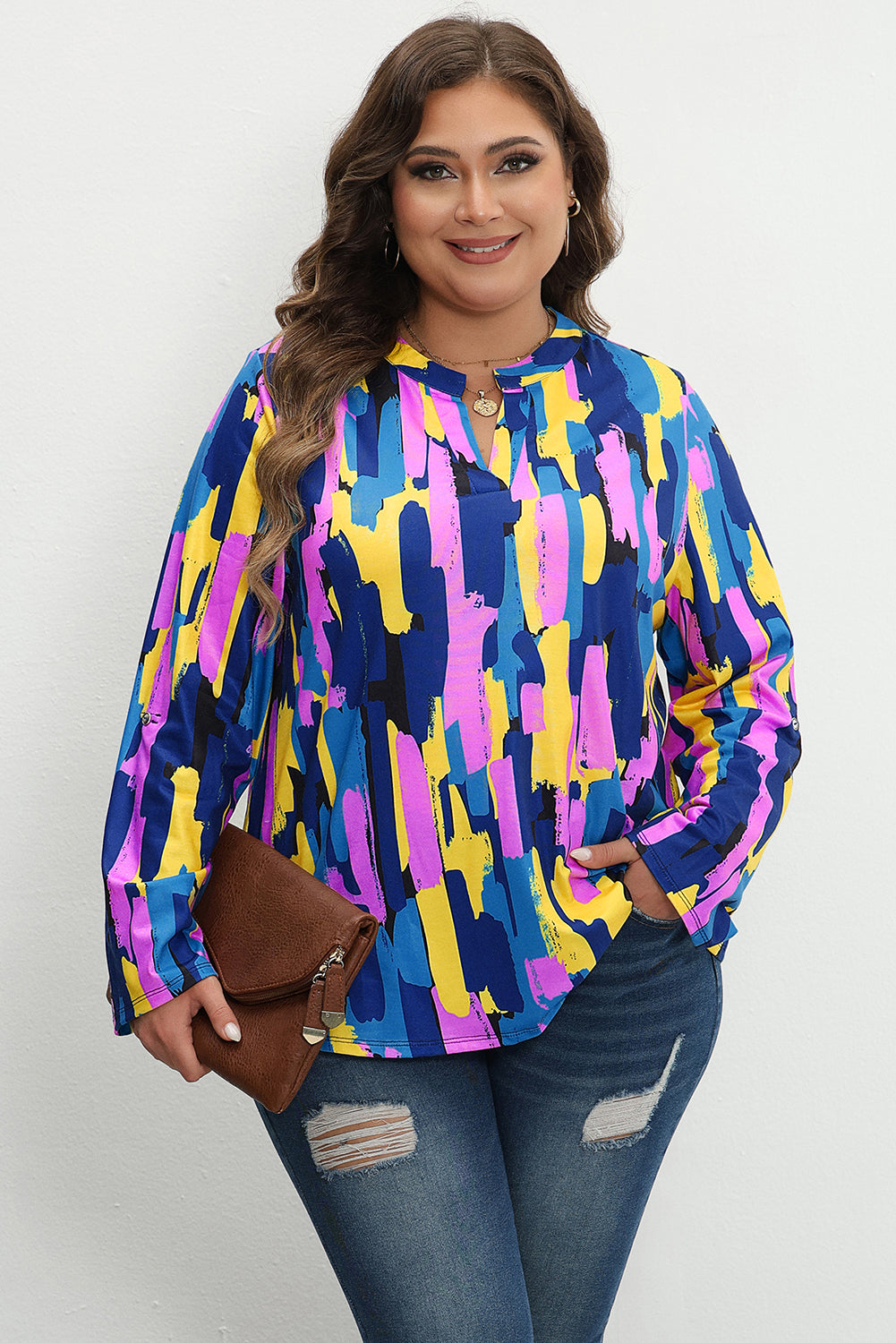 Blue Brushstroke Print 3/4 Sleeve Plus Size Blouse Plus Size JT's Designer Fashion