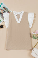 Pale Khaki Contrast V Neck Ruffled Textured Knit Top Blouses & Shirts JT's Designer Fashion