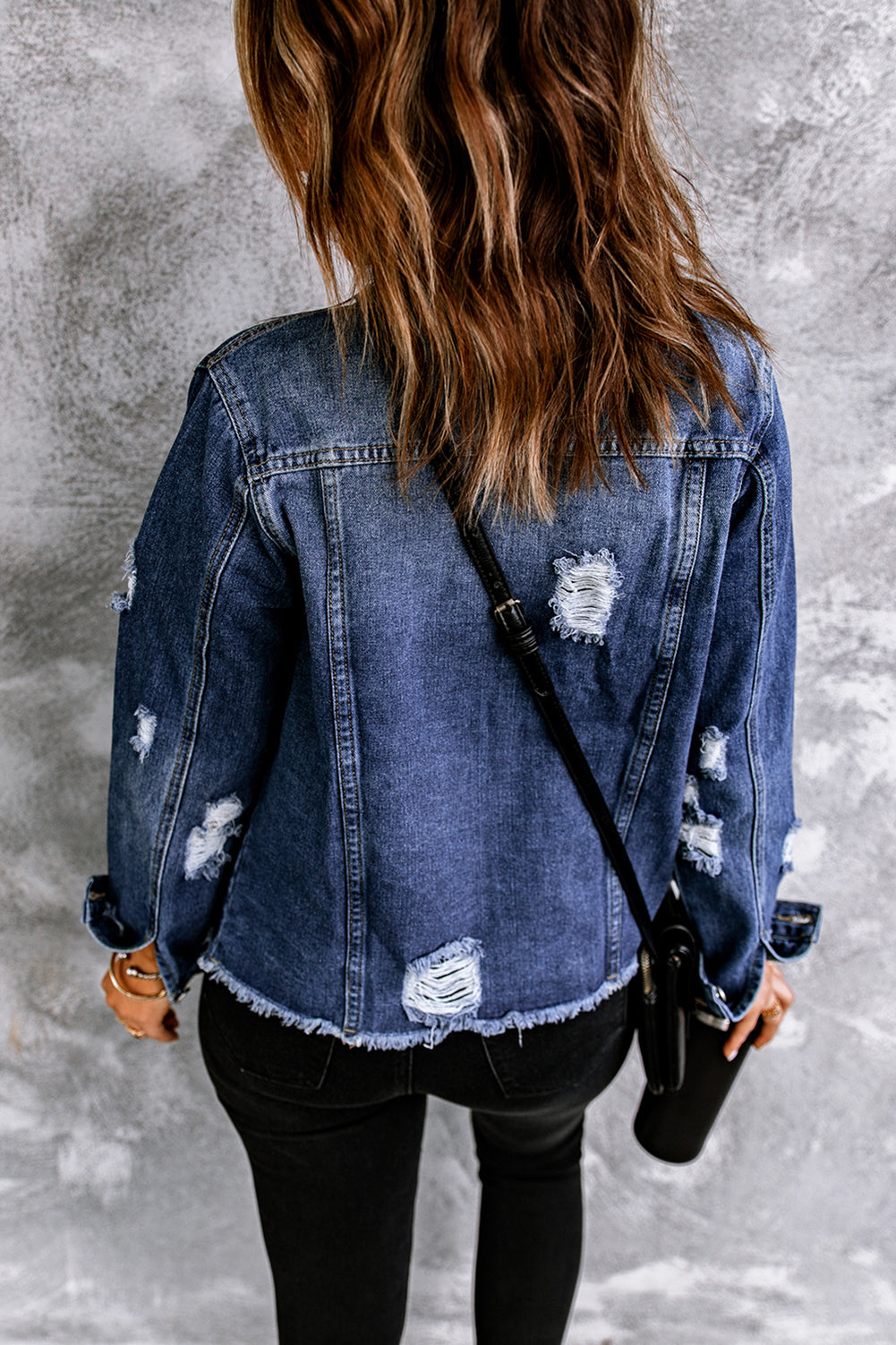 Blue Lapel Distressed Raw Hem Buttons Denim Jacket Denim Jackets JT's Designer Fashion
