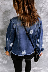 Blue Lapel Distressed Raw Hem Buttons Denim Jacket Denim Jackets JT's Designer Fashion