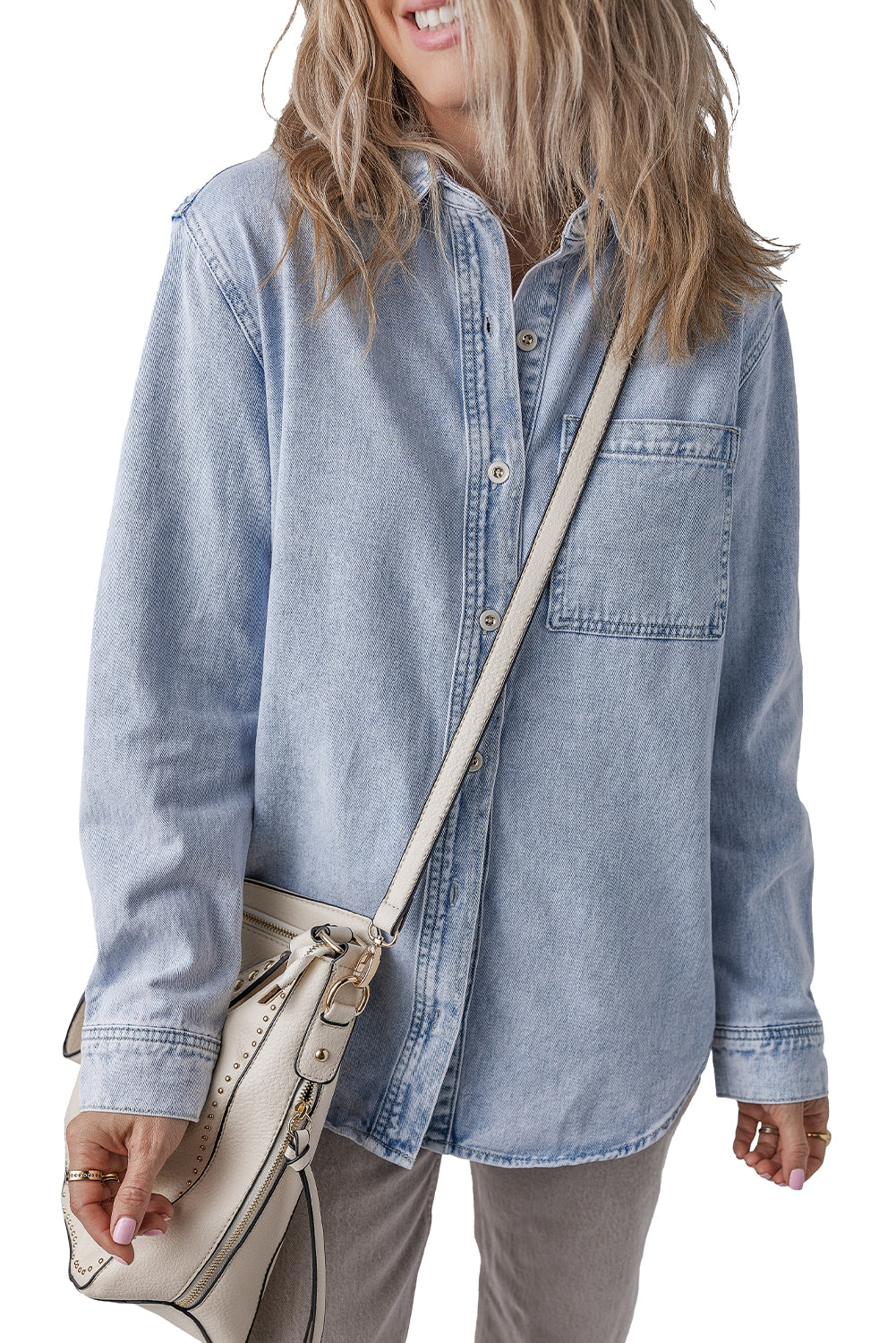 Beau Blue Long Sleeve Buttoned Chest Pocket Denim Shacket Denim Jackets JT's Designer Fashion