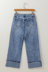 Myosotis Center Seam Cuffed Hem Straight High Waist Jeans Jeans JT's Designer Fashion