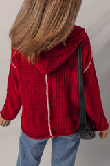 Racing Red Color Contrast Trim Textured Knit Drawstring Hooded Sweater Sweaters JT's Designer Fashion