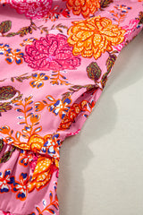 Pink Floral Bubble Sleeve V Neck Ruffled Mini Dress Floral Dresses JT's Designer Fashion