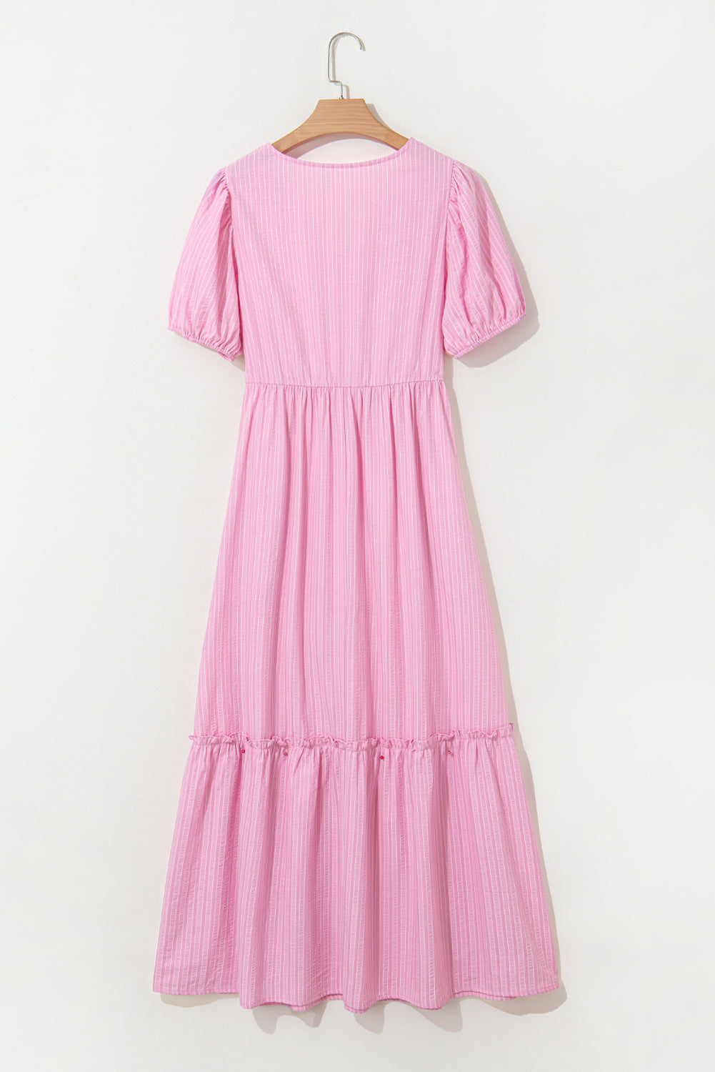 Pink Stripe V Neck Puff Short Sleeve Long Dress Maxi Dresses JT's Designer Fashion