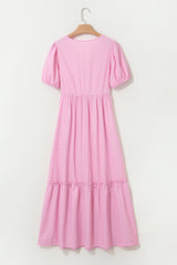 Pink Stripe V Neck Puff Short Sleeve Long Dress Maxi Dresses JT's Designer Fashion