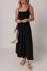 Black Sleeveless Scoop Neck Flared Split Midi Dress Midi Dresses JT's Designer Fashion