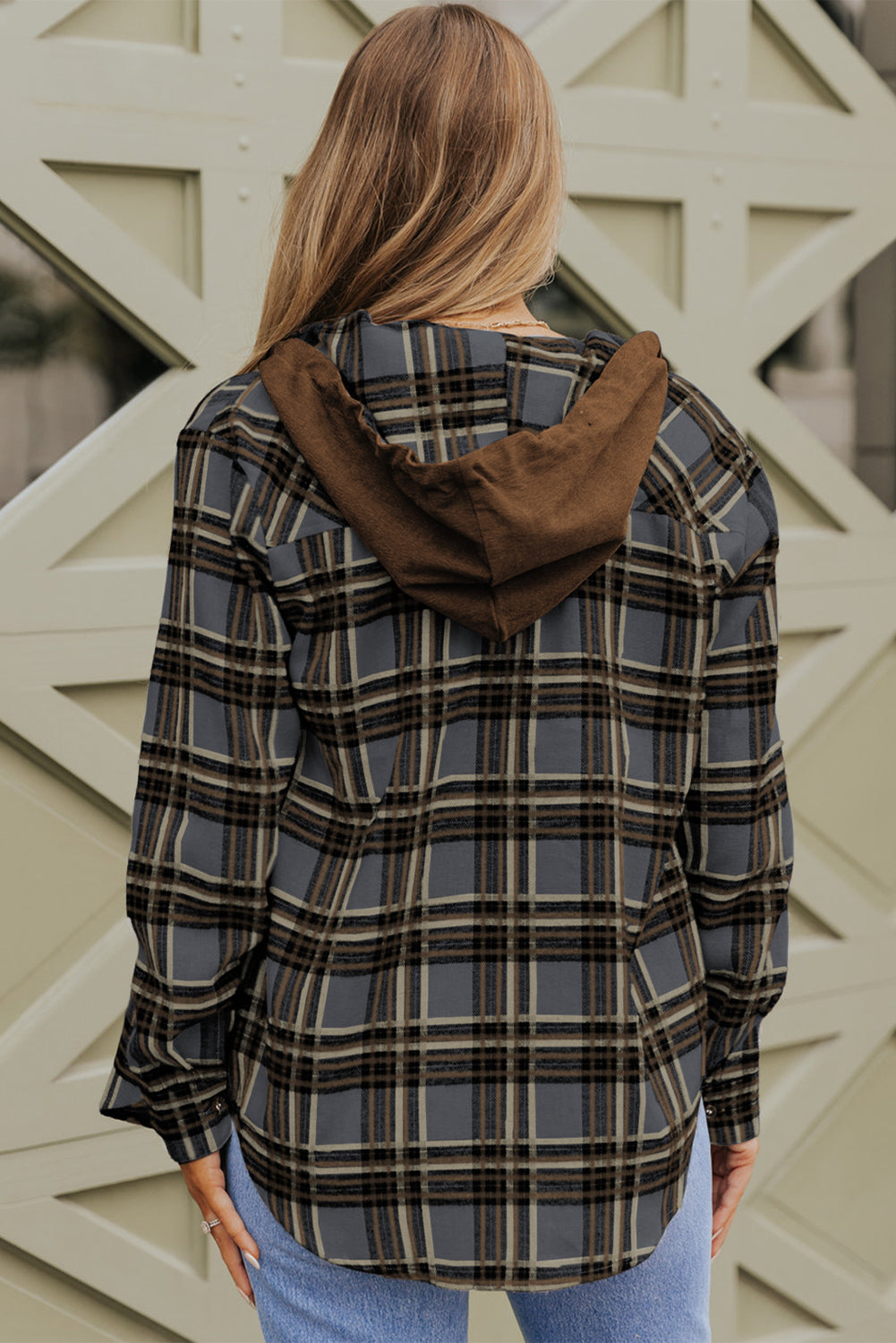 Contrast Hooded Drawstring Plaid Shacket Plaid Shackets JT's Designer Fashion