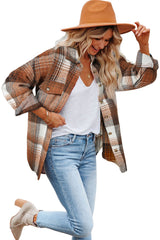 Brown Plaid Flap Pockets Shacket Plaid Shackets JT's Designer Fashion
