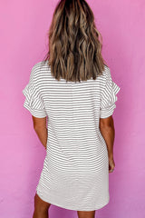White Stripe Ruffled Short Sleeve Crew Neck T Shirt Shift Mini Dress T Shirt Dresses JT's Designer Fashion