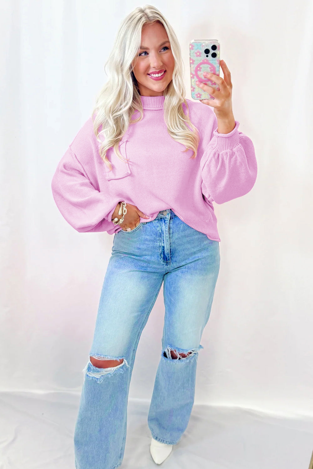 Pink Raw Edge Ribbed Detail Drop Shoulder Sweater Sweaters JT's Designer Fashion